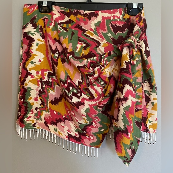 Zara Front Tie Mini Skirt Beaded Fringe Size L - Picture 5 of 10